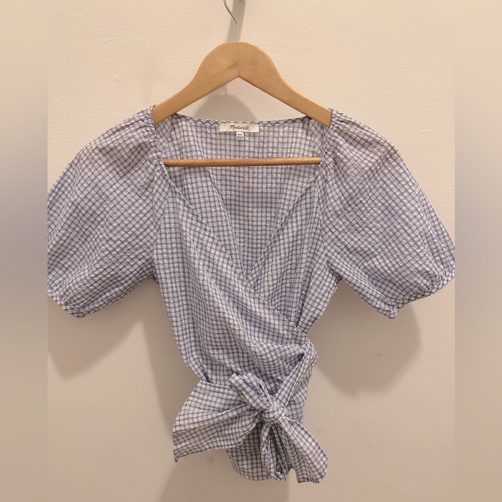 Madewell Gingham Seersucker Puff-Sleeve Wrap Crop Top XXS